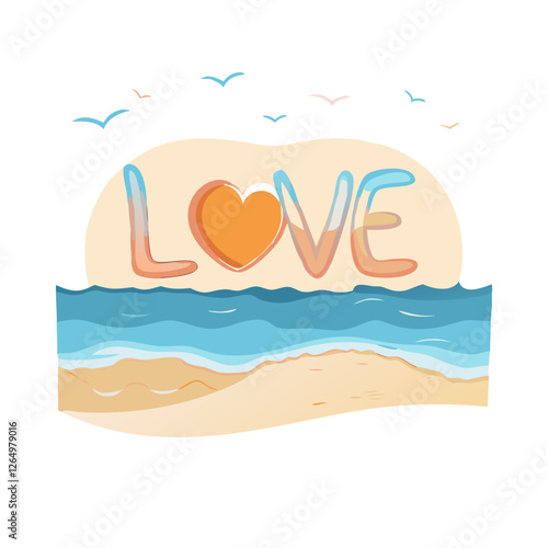 Love typography on a beach with sunset background