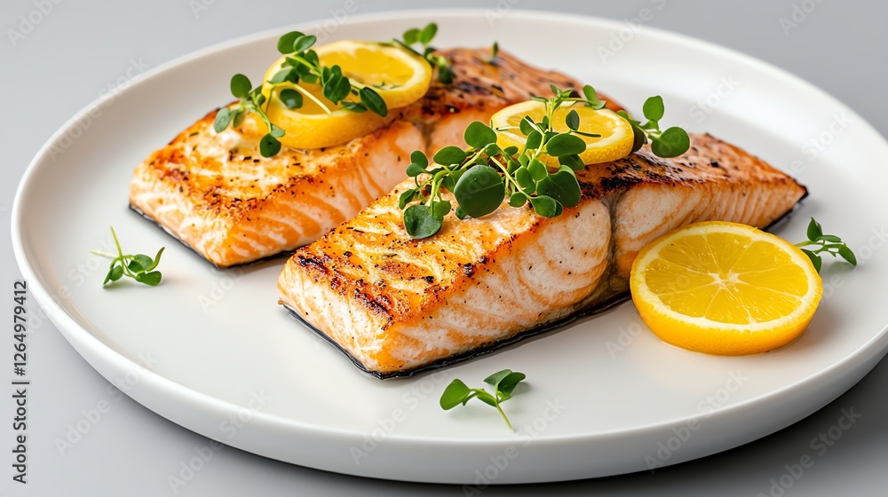 Grilled salmon fillets with lemon slices and greens on a white plate, perfect for a healthy meal. Grilled salmon fillets with lemon slices and greens on a white plate, perfect for a healthy meal.