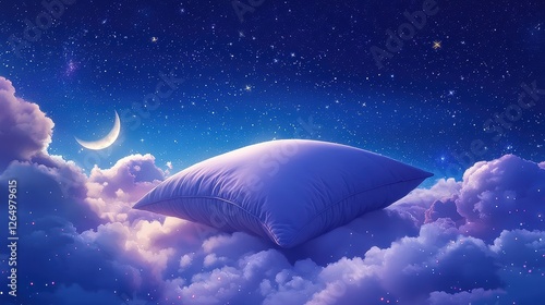 Serene Night Sky with Giant Soft Pillow Floating Among Clouds