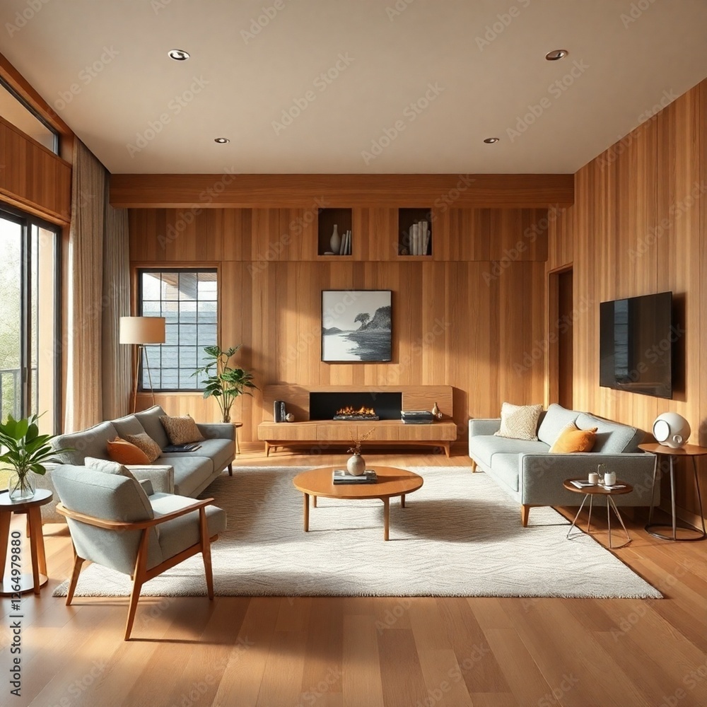 Fototapeta premium High-resolution stock photo A modern living room with a mid-century modern aesthetic, professionally photographed for commercial use. 