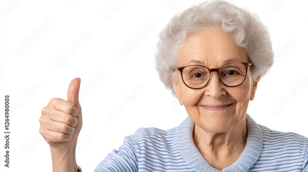 Elderly woman smiling and giving a thumbs up while wearing glasses and a light blue sweater in a bright indoor setting Elderly woman smiling and giving a thumbs up while wearing glasses and a light blue sweater in a bright indoor setting