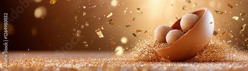 Easter Eggs Celebration Concept. A bowl of chocolate truffles surrounded by sparkling cocoa dust on a golden background, creating a luxurious and indulgent atmosphere. photo