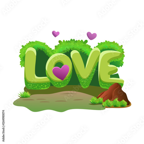 Nature-inspired love typography with green foliage
