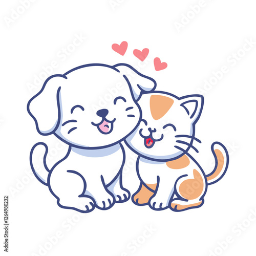 Cute puppy and kitten hugging with hearts