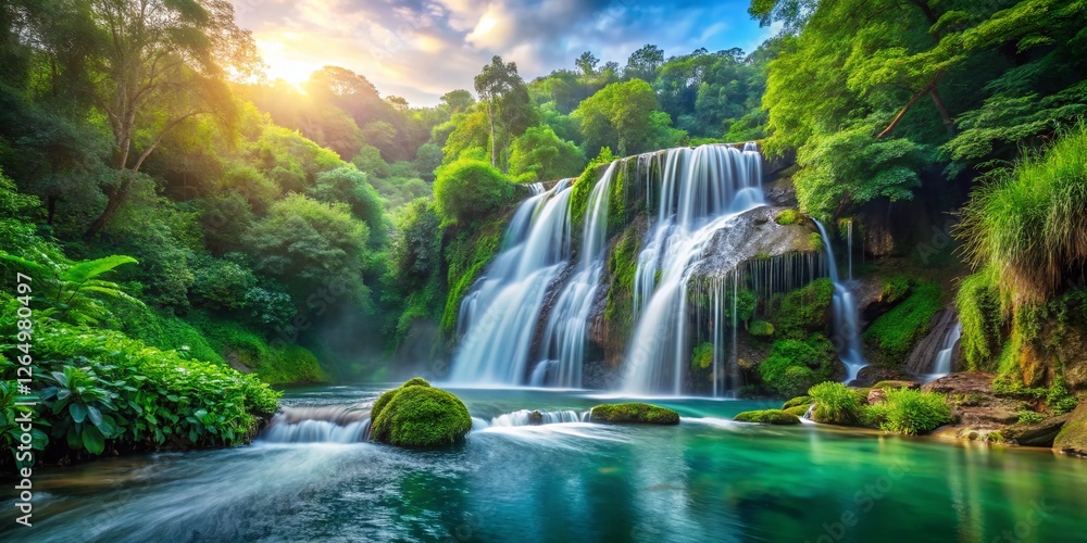 Fototapeta premium Lush Green Waterfall Panoramic: Serene Nature Escape in a National Park