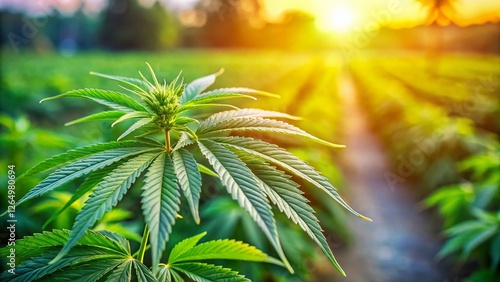 Lush Hemp Leaves in Focus, Bokeh Farm Background: Cannabis Sativa Plantation photo