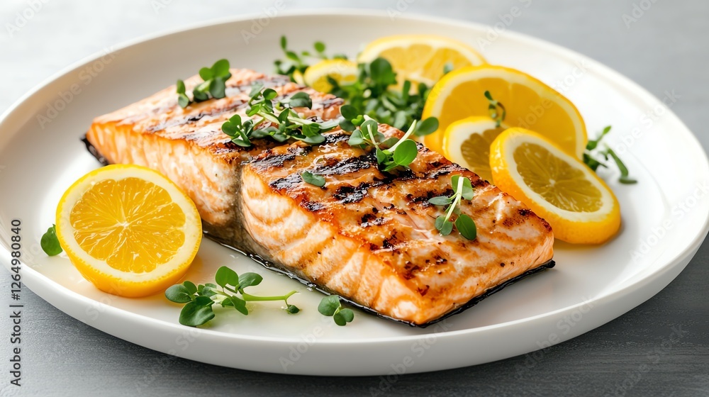 Grilled salmon with lemon slices served with fresh herbs on a white plate for a healthy gourmet meal. Grilled salmon with lemon slices served with fresh herbs on a white plate for a healthy gourmet meal.