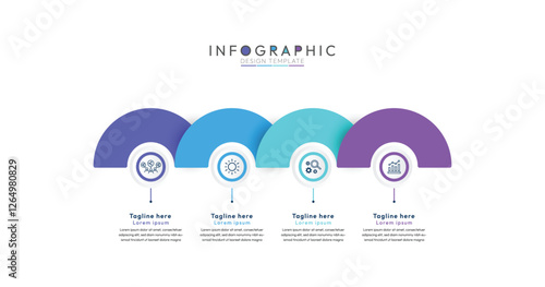 4 semi circular elements infographic, clean and modern infographic template featuring four distinct sections each marked by a vividly colored semicircle at the top 4 steps sequence design for web page