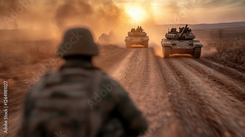 This intense image captures military tanks moving through dusty terrain during sunset, symbolizing the power and drama of armed forces in an active combat environment.