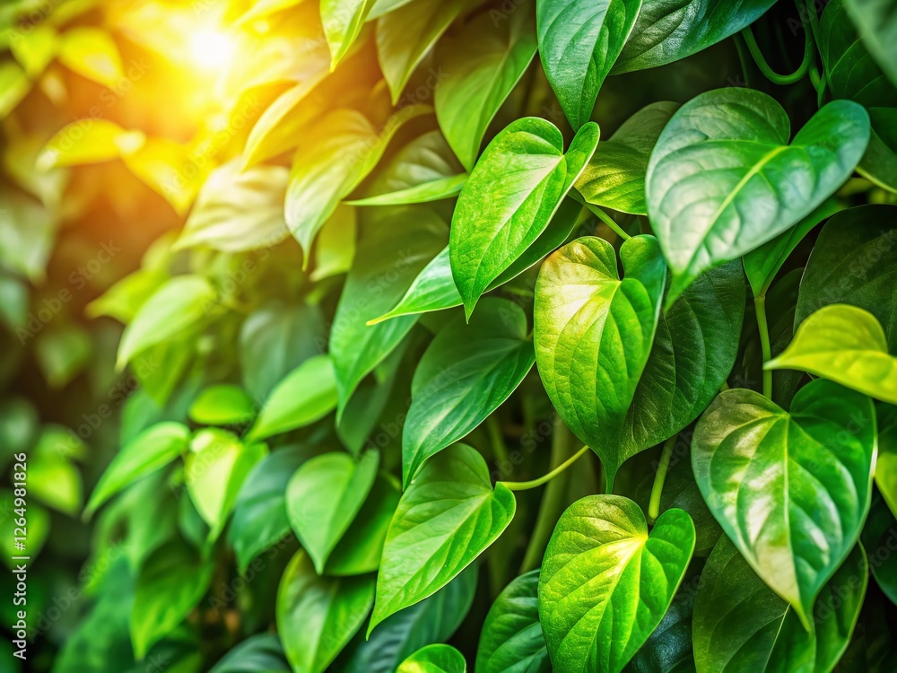 Fototapeta premium Lush Tropical Liana Leaves: Vibrant Green Summer Garden Wallpaper Texture