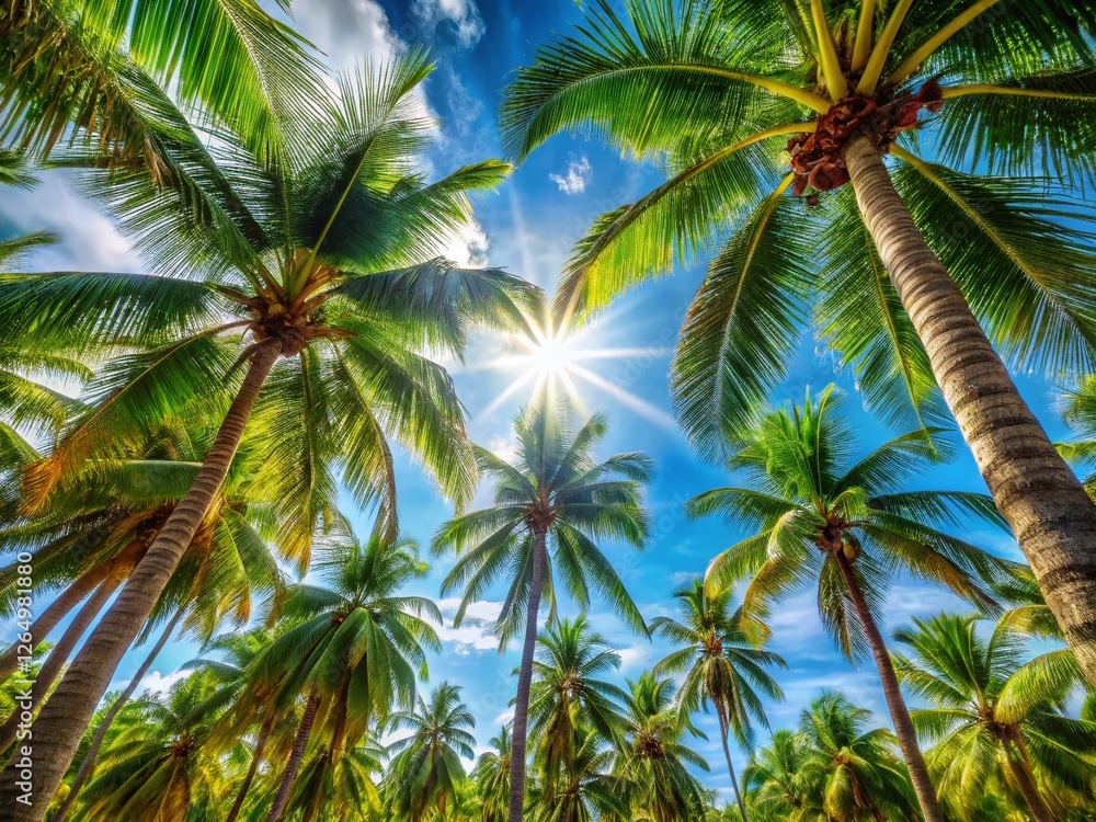 Fototapeta premium Lush Tropical Palm Trees Canopy, Sunlight Dappled Summer Beach Paradise