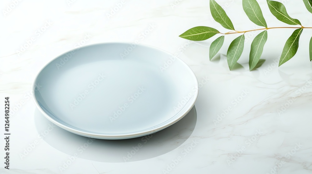 Minimalist white plate on marble surface with green leaves, perfect for modern kitchen or dining design. Minimalist white plate on marble surface with green leaves, perfect for modern kitchen or dining design.
