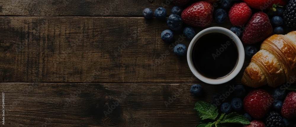 A cozy breakfast scene featuring a cup of coffee, croissant, and fresh berries on a rustic wooden table. A cozy breakfast scene featuring a cup of coffee, croissant, and fresh berries on a rustic wooden table.