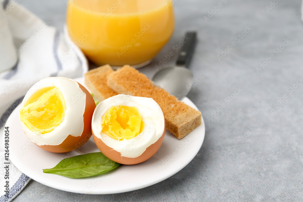 Soft boiled eggs with bread on grey table, closeup Soft boiled eggs with bread on grey table, closeup