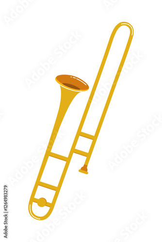 Bright yellow trombone resting against a white background in a creative design