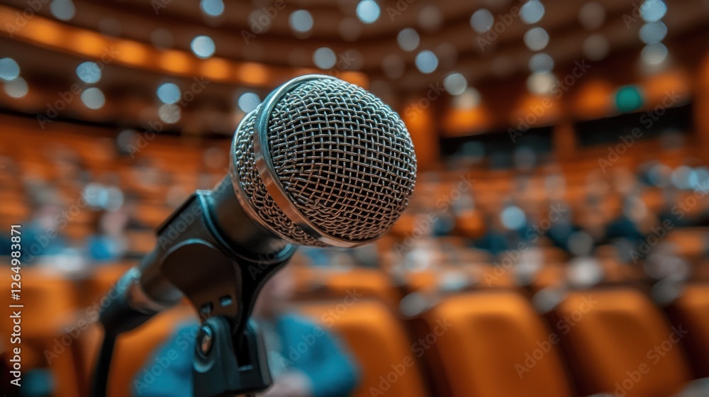 Microphone in Conference Hall: Public Speaking, Event, Audio Microphone in Conference Hall: Public Speaking, Event, Audio