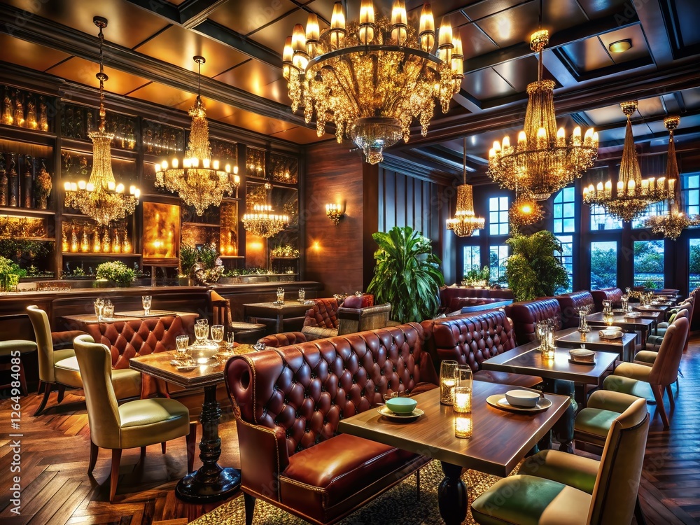Fototapeta premium Luxurious Grill Restaurant Interior: Chandeliers, Elegant Furniture & Warm Lighting