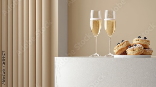 Easter Eggs Celebration Concept. Two elegant champagne flutes beside a plate of pastries on a stylish countertop, creating a sophisticated and inviting atmosphere. photo