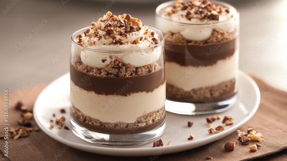 Two small glass cups filled with a dessert. the dessert appears to be a layered layered dessert with a layer of chocolate and whipped cream on top. Two small glass cups filled with a dessert. the dessert appears to be a layered layered dessert with a layer of chocolate and whipped cream on top.