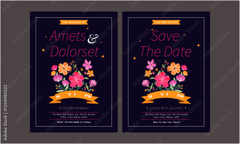 Naklejka premium Wedding Invitation Template. Simple and elegant wedding card template. Design illustration for wedding, vip cover, poster, rsvp modern card.