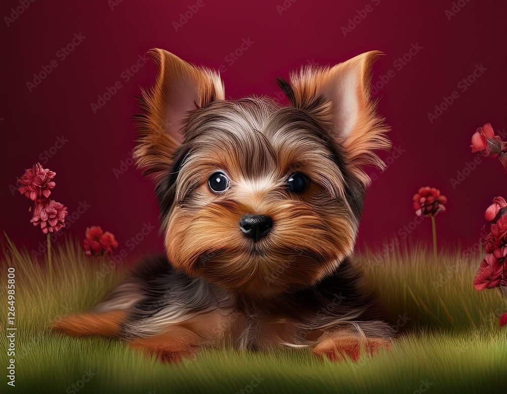 Fototapeta premium Yorkshire Terrier, bordeaux Hintergrund