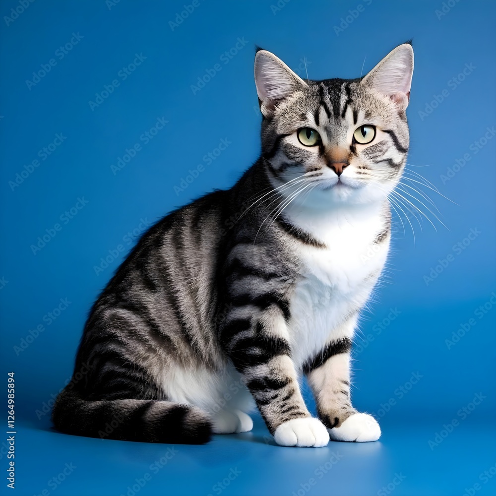 shot of a gray and white striped cat sitting on blue background shot of a gray and white striped cat sitting on blue background