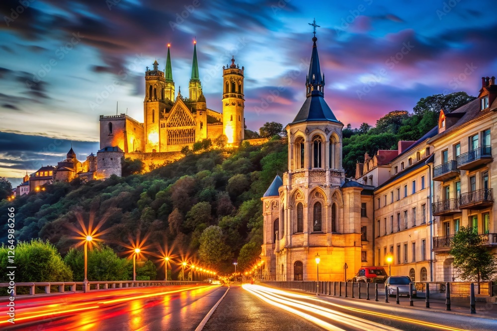 Naklejka premium Lyon France, Notre Dame de Fourvière Basilica Long Exposure Night Photography