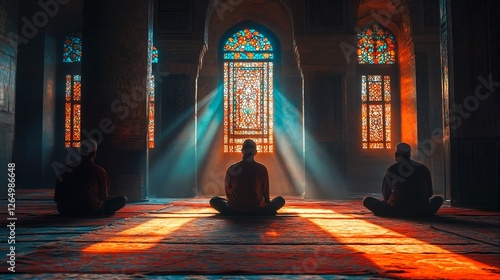 Two muslim men praying in a mosque. photo