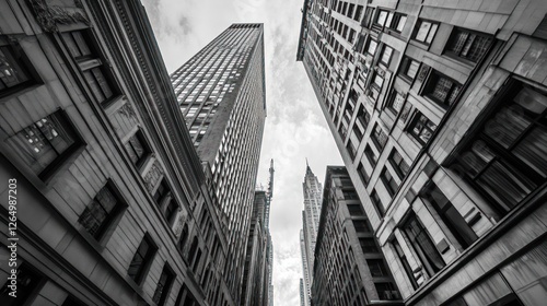 Monochromatic Metropolis: A Worm's-Eye View of Towering City Skyscrapers