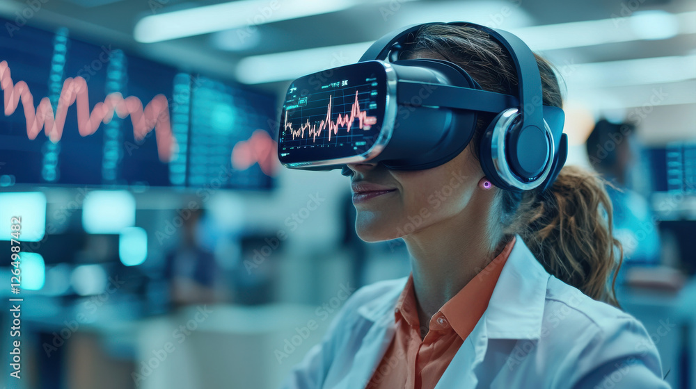 Bitcoin and Digital Health Concept, Heartbeat and AI Trading Theme, VR trader wearing high tech headset, analyzing data in modern office Bitcoin and Digital Health Concept, Heartbeat and AI Trading Theme, VR trader wearing high tech headset, analyzing data in modern office
