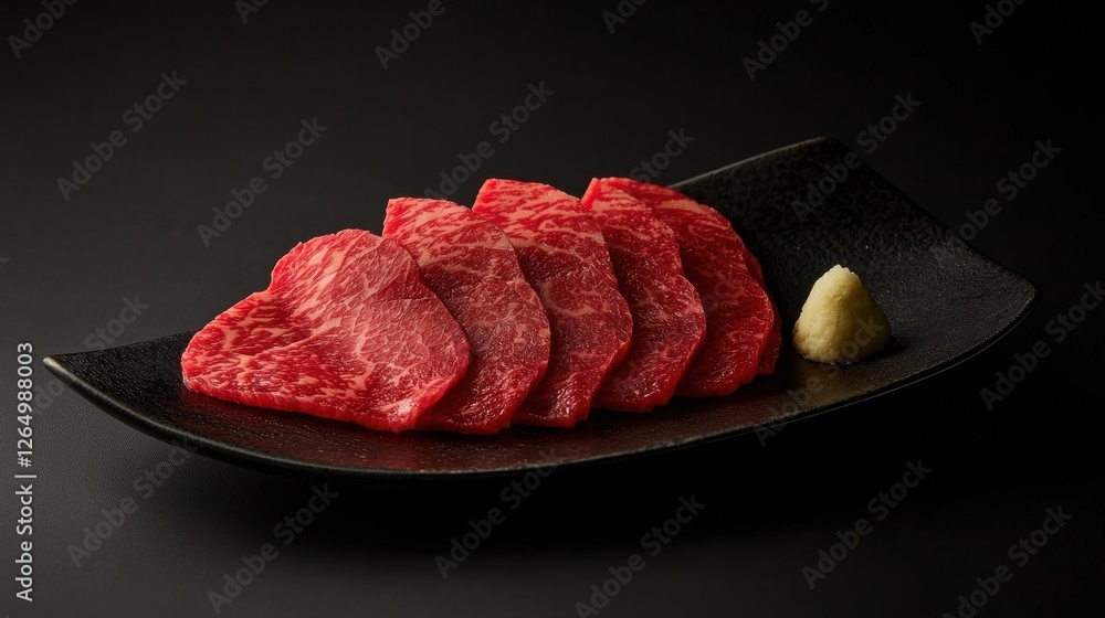 Black plate with a sliced piece of red meat on it. the meat appears to be beef or beef tenderloin, with a pinkish-red color and a marbled texture. Black plate with a sliced piece of red meat on it. the meat appears to be beef or beef tenderloin, with a pinkish-red color and a marbled texture.