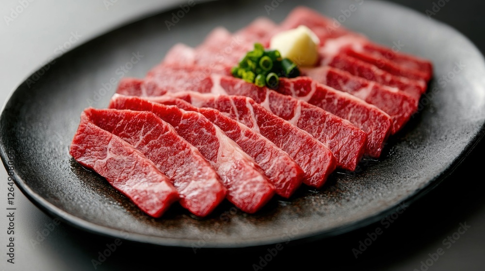 Black plate with a sliced piece of raw beef on it. the beef appears to be thinly sliced and arranged in a circular pattern on the plate. the slices are pink in color and have a marbled texture. Black plate with a sliced piece of raw beef on it. the beef appears to be thinly sliced and arranged in a circular pattern on the plate. the slices are pink in color and have a marbled texture.