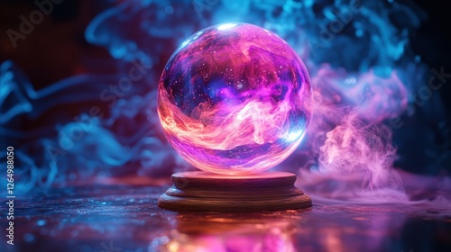 Mystic crystal ball glows, smoky background, fortune telling