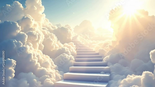 Ladder or way heavens gate in paradise. After life concept. Stairs to heaven in beautiful blue cloudy sky. God light. Stairway through clouds leading to heavenly light in spiritual fantasy. Religion.