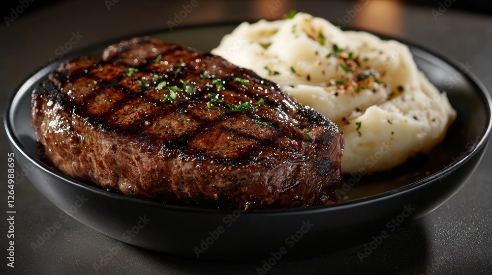 Plate of food consisting of a steak and mashed potatoes. the steak appears to be cooked medium-rare, with a dark brown crust on the outside and a juicy center. Plate of food consisting of a steak and mashed potatoes. the steak appears to be cooked medium-rare, with a dark brown crust on the outside and a juicy center.