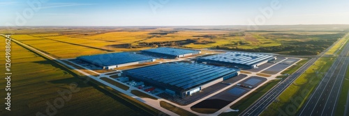 Aerial View of a Large Industrial Data Centers topped with solar panels. Cloud Computing, Data Storage, and Technological Infrastructure.
