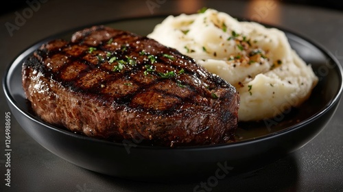 Wallpaper Mural Plate of food consisting of a steak and mashed potatoes. the steak appears to be cooked medium-rare, with a dark brown crust on the outside and a juicy center. Torontodigital.ca
