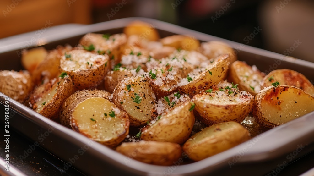 A salt-encrusted dish of roasted potatoes on a baking tray, with herbs sprinkled on top A salt-encrusted dish of roasted potatoes on a baking tray, with herbs sprinkled on top