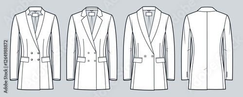 Double-Breasted Blazer Technical Fashion Illustration. Classic Jackets fashion flat technical drawing template, front and back view, white, button up, women, men, unisex CAD mockup set.