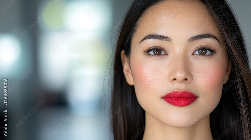 Headshot portrait of a focused confident Asian woman inventory manager reviewing important documents and paperwork in a modern office setting She has a professional Headshot portrait of a focused confident Asian woman inventory manager reviewing important documents and paperwork in a modern office setting She has a professional