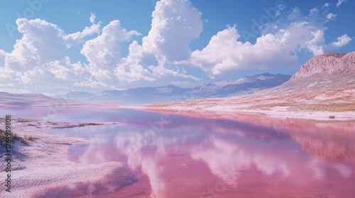 A saltwater lake with stunning pink hues, surrounded by a desolate, beautiful landscape photo