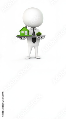 3D white man wearing a tie holding a tray with a green house, symbolizing economic growth, real estate investment, and financial opportunities