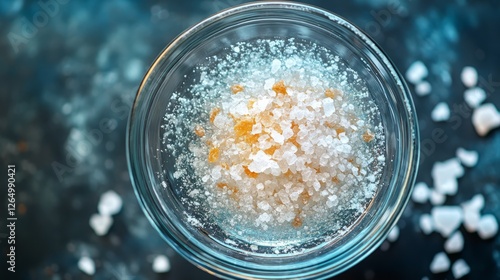 A saltwater solution in a glass bowl, gently stirred, with salt crystals visible  photo