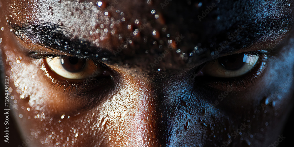 Close-up of Sweaty Face with Intense Eyes Close-up of Sweaty Face with Intense Eyes
