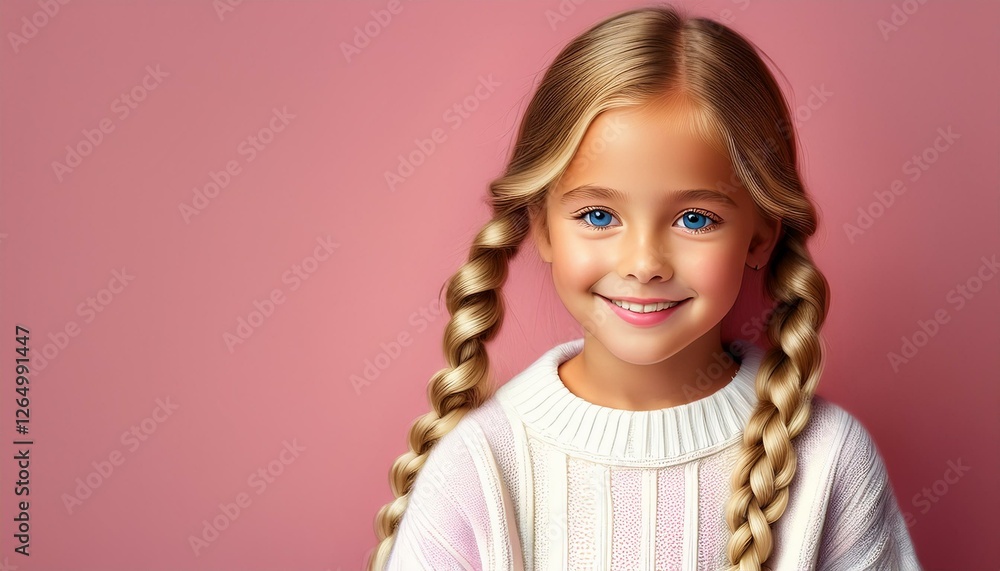Mädchen mit blonden Zöpfen, rosa Hintergrund Mädchen mit blonden Zöpfen, rosa Hintergrund