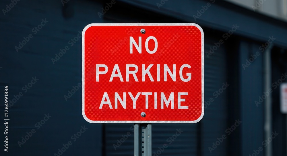 Obraz premium Red No Parking Anytime Sign with White Letters on Metal Post