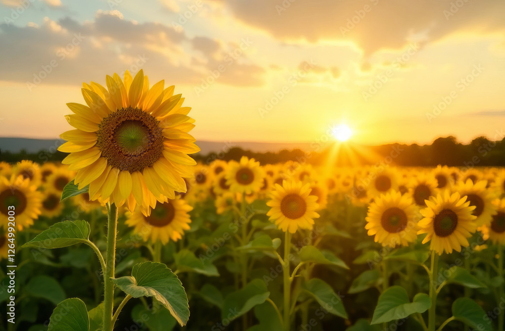 Fototapeta premium The field with sunflower stretching to the sun, a place for text, summer banner.