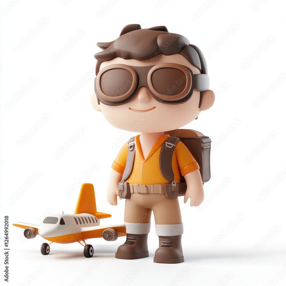 A cartoon character is standing next to a toy airplane A cartoon character is standing next to a toy airplane