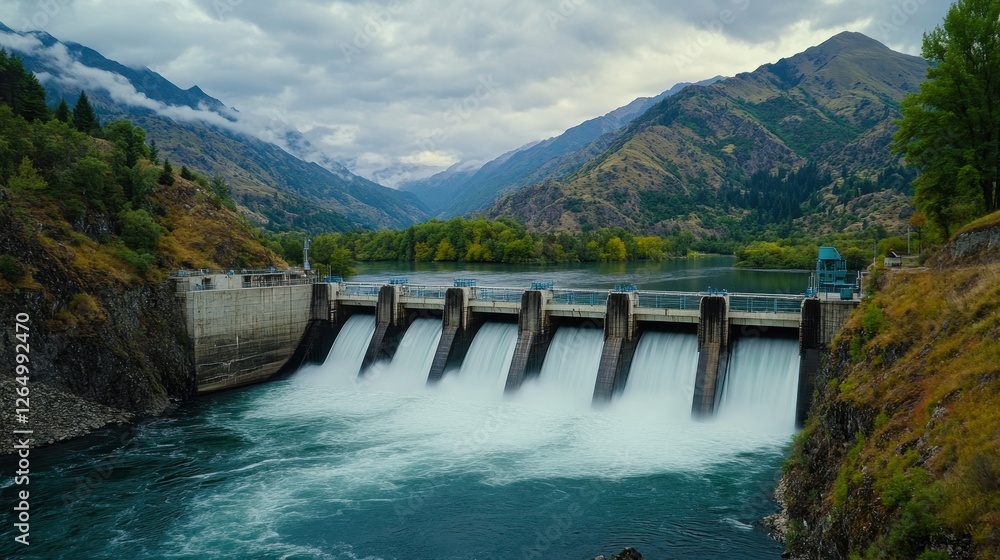 Serene Landscape of a Modern Dam with Flowing Water Against a Mountain Backdrop Serene Landscape of a Modern Dam with Flowing Water Against a Mountain Backdrop