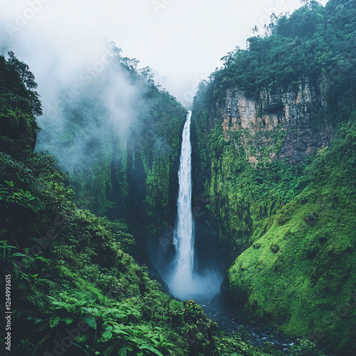 Majestic waterfall cascading down lush green cliffs in a misty tropical landscape surrounded by thick vegetation. Generative AI